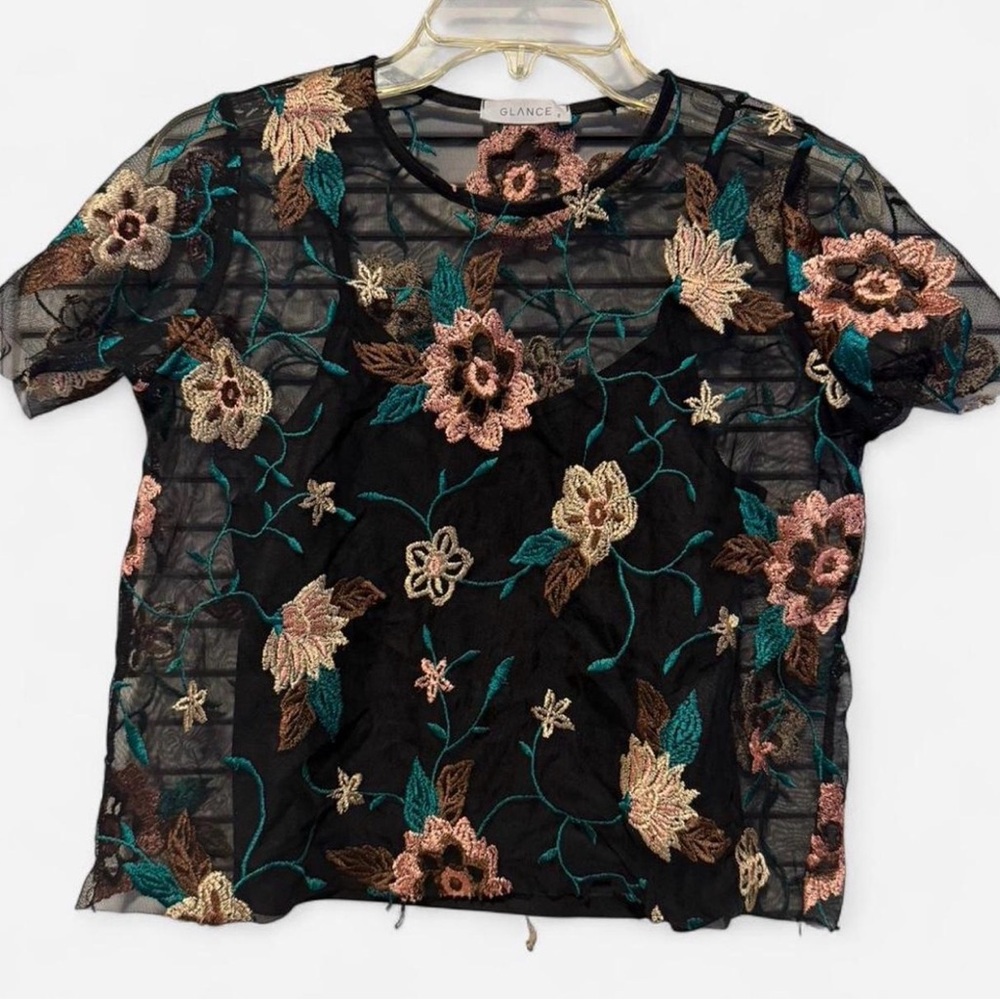 Glance Black Sheer Floral Embroidered Mesh Top Teal Blush Size S